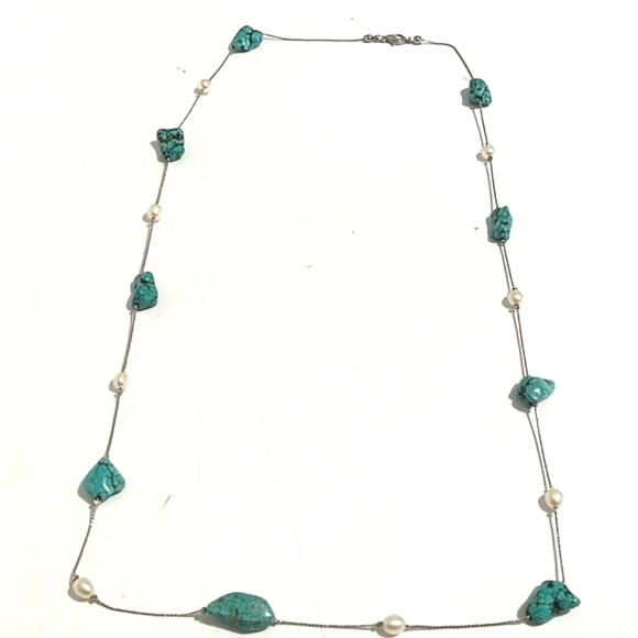 VINTAGE FAUX TURQUOISE NUGGET IVORY PEARL SILVER-TONE 34" NECKLACE - Picture 3 of 9